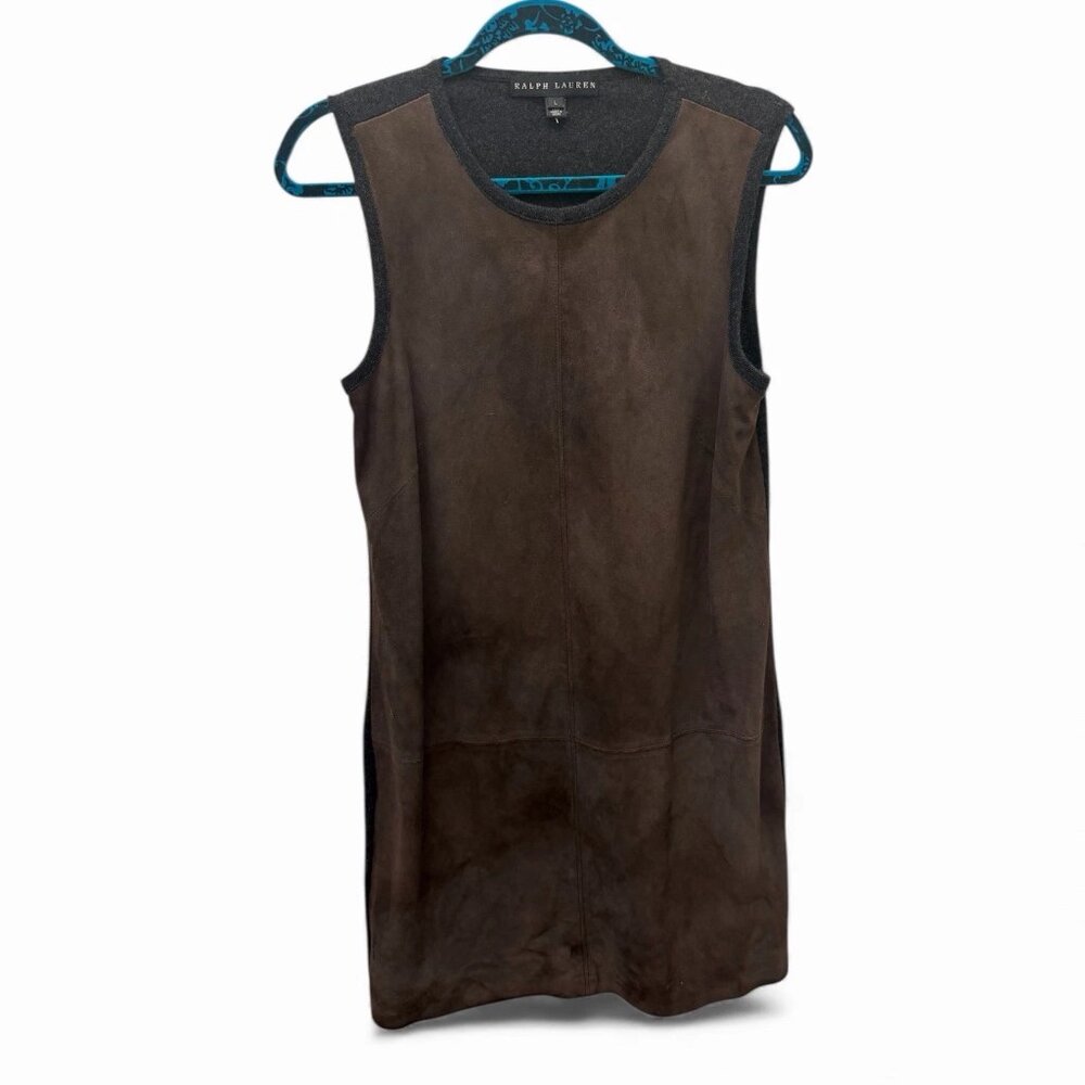 New Ralph Lauren Suede & Cashmere Knit Shift Dress  Brown/Charcoal - L MSRP $800
